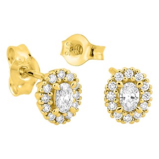 Brincos de pressão em ouro amarelo 9K com diamantes criados 0,21 ct e centro oval em halo