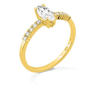 Anillo solitario acompañado de oro amarillo 18K con diamantes creados 0,63 ct talla marquesa