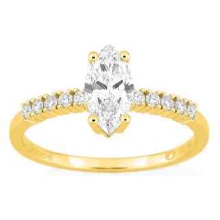 Anillo solitario acompañado de oro amarillo 18K con diamantes creados 0,85 ct talla marquesa