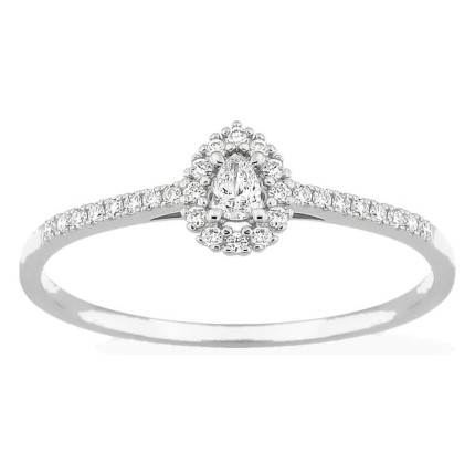 Anel em ouro branco 9K com diamantes criados 0,16 ct e centro de lapidação pera 0,05 ct em halo
