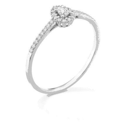 Anel em ouro branco 9K com diamantes criados 0,16 ct e centro de lapidação pera 0,05 ct em halo