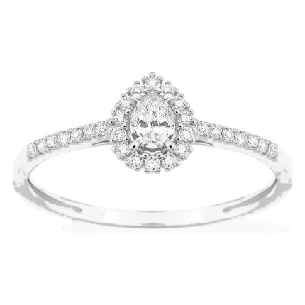 Anillo de oro blanco 9K con diamantes creados 0,29 ct y centro de talla pera 0,15 ct en halo