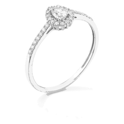 Anel em ouro branco 9K com diamantes criados 0,29 ct e centro de lapidação pera 0,15 ct em halo