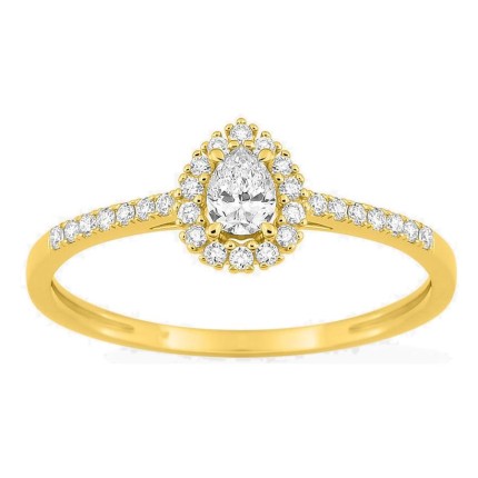 Anel em ouro amarelo 9K com diamantes criados 0,29 ct e centro de lapidação pera 0,15 ct em halo