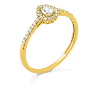 Anel em ouro amarelo 9K com diamantes criados 0,29 ct e centro de lapidação pera 0,15 ct em halo
