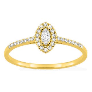 Anillo de oro amarillo 9K con diamantes creados 0,18 ct y centro de talla marquesa 0,06 ct en halo