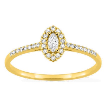 Anel em ouro amarelo 9K com diamantes criados 0,18 ct e centro de lapidação marquise 0,06 ct em halo