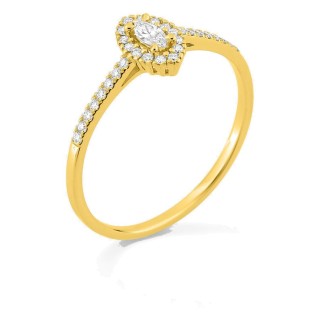 Anel em ouro amarelo 9K com diamantes criados 0,18 ct e centro de lapidação marquise 0,06 ct em halo