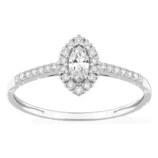 Anillo de oro blanco 9K con diamantes creados 0,26 ct y centro de talla marquesa 0,12 ct en halo