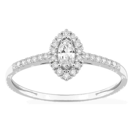 Anillo de oro blanco 9K con diamantes creados 0,26 ct y centro de talla marquesa 0,12 ct en halo