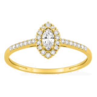 Anel em ouro amarelo 9K com diamantes criados 0,26 ct e centro de lapidação marquise 0,12 ct em halo