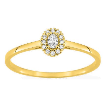 Anillo de oro amarillo 9K con diamantes creados 0,10 ct y centro ovalado 0,06 ct en halo