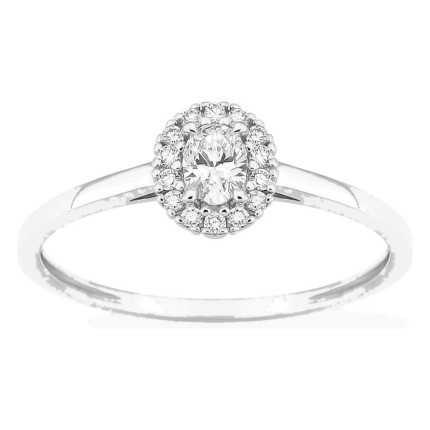 Anel em ouro branco 9K com diamantes criados 0,23 ct e centro oval 0,16 ct em halo