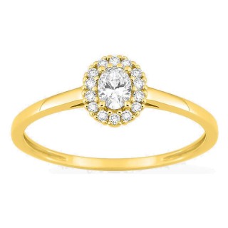 Anel em ouro amarelo 9K com diamantes criados 0,23 ct e centro oval 0,16 ct em halo