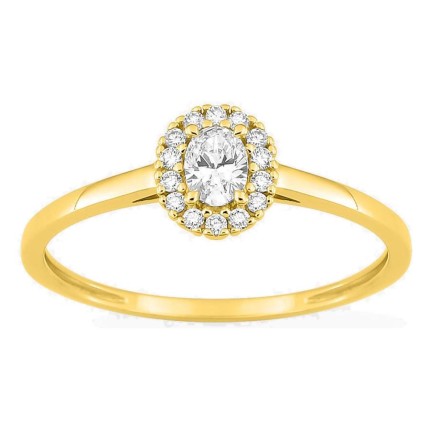 Anillo de oro amarillo 9K con diamantes creados 0,23 ct y centro ovalado 0,16 ct en halo