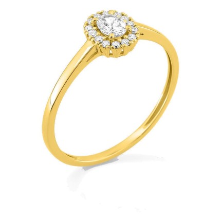 Anel em ouro amarelo 9K com diamantes criados 0,23 ct e centro oval 0,16 ct em halo