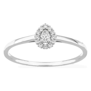 Anel em ouro branco 9K com diamantes criados 0,10 ct e centro de lapidação pera 0,05 ct em halo