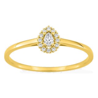 Anillo de oro amarillo 9K con diamantes creados 0,10 ct y centro de talla pera 0,05 ct en halo