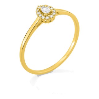 Anillo de oro amarillo 9K con diamantes creados 0,10 ct y centro de talla pera 0,05 ct en halo