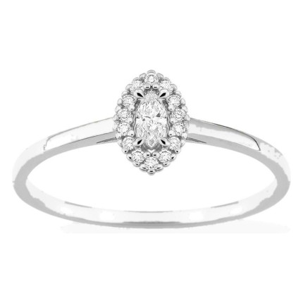 Anillo de oro blanco 9K con diamantes creados 0,12 ct y centro de talla marquesa 0,05 ct en halo