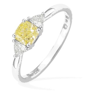 Anel em ouro branco 18K com diamantes criados 0,68 ct e centro amarelo de lapidação almofada 0,50 ct