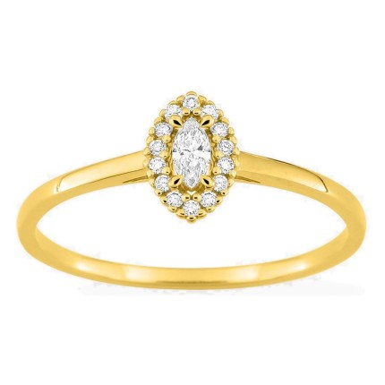 Anillo de oro amarillo 9K con diamantes creados 0,12 ct y centro de talla marquesa 0,05 ct en halo