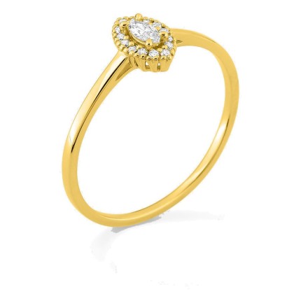 Anillo de oro amarillo 9K con diamantes creados 0,12 ct y centro de talla marquesa 0,05 ct en halo