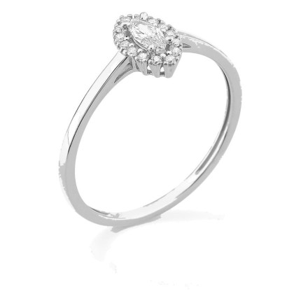 Anel em ouro branco 9K com diamantes criados 0,19 ct e centro de lapidação marquise 0,12 ct em halo