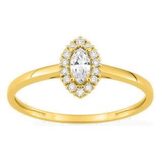 Anel em ouro amarelo 9K com diamantes criados 0,19 ct e centro de lapidação marquise 0,12 ct em halo