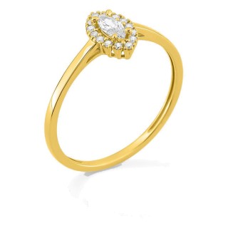 Anillo de oro amarillo 9K con diamantes creados 0,19 ct y centro de talla marquesa 0,12 ct en halo