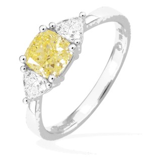 Anel em ouro branco 18K com diamantes criados 1,40 ct e centro amarelo de lapidação almofada 1,00 ct