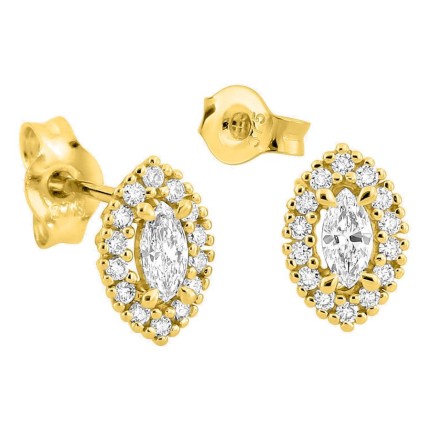Pendientes de botón de oro amarillo 9K con diamantes creados 0,24 ct y centro de talla marquesa en halo