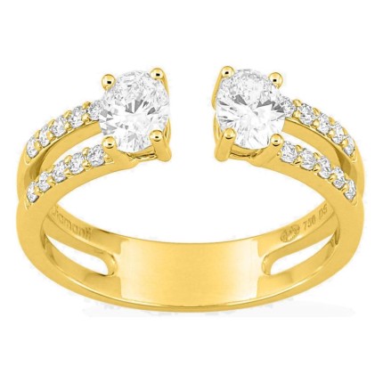 Anel aberto em ouro amarelo 18K com diamantes criados 0,80 ct e duas pedras centrais