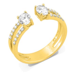 Anel aberto em ouro amarelo 18K com diamantes criados 0,80 ct e duas pedras centrais