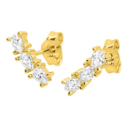 Brincos de pressão em ouro amarelo 9K com linha de 3 diamantes criados lapidação pera 0,30 ct
