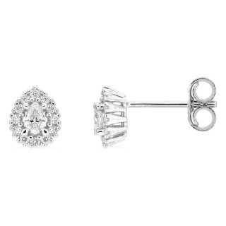 Pendientes de botón de oro blanco 9K con diamantes creados 0,20 ct y centro de talla pera en halo