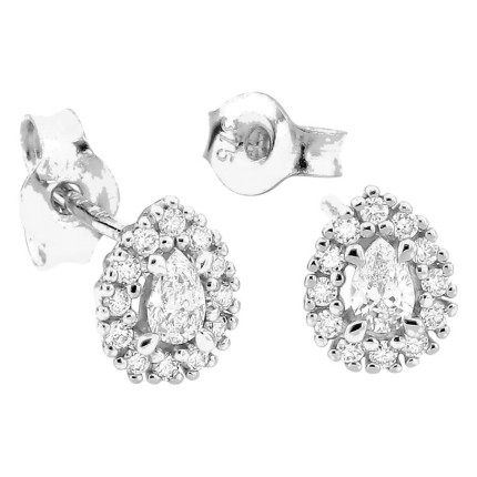 Pendientes de botón de oro blanco 9K con diamantes creados 0,20 ct y centro de talla pera en halo