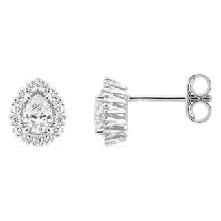 Pendientes de botón de oro blanco 9K con diamantes creados 0,44 ct y centro de talla pera en halo