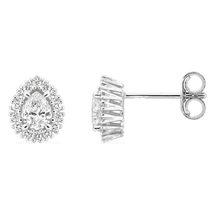Brincos de pressão em ouro branco 9K com diamantes criados 0,44 ct e centro de lapidação pera em halo