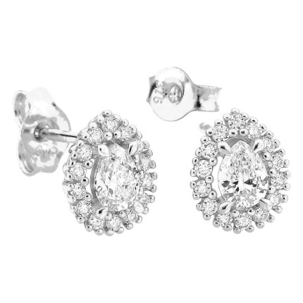 Brincos de pressão em ouro branco 9K com diamantes criados 0,44 ct e centro de lapidação pera em halo