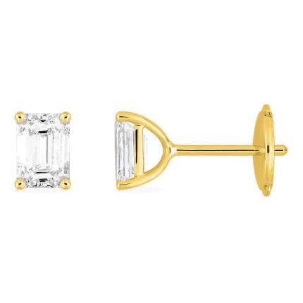 Brincos de pressão em ouro amarelo 18K com diamantes criados de lapidação esmeralda 1,00 ct