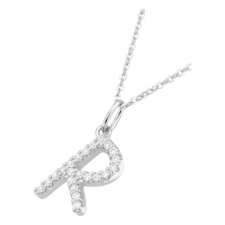 Colar inicial letra R em ouro branco 9K com diamantes criados 0,13 ct