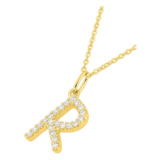 Colar inicial letra R em ouro amarelo 9K com diamantes criados 0,13 ct