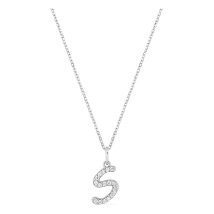 Colar inicial letra S em ouro branco 9K com diamantes criados 0,10 ct