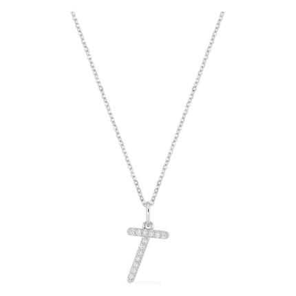Colar inicial letra T em ouro branco 9K com diamantes criados 0,08 ct