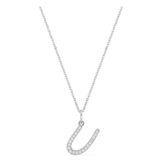 Colar inicial letra U em ouro branco 9K com diamantes criados 0,12 ct