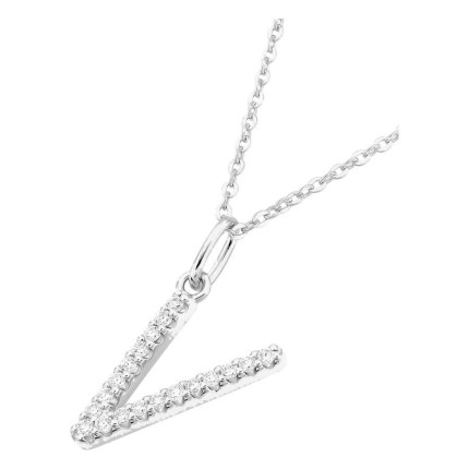 Collar inicial letra V de oro blanco 9K con diamantes creados 0,11 ct