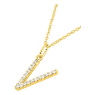 Colar inicial letra V em ouro amarelo 9K com diamantes criados 0,11 ct