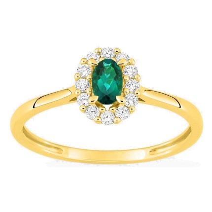 Anillo de oro amarillo 9K con esmeralda creada y diamantes creados 0,16 ct