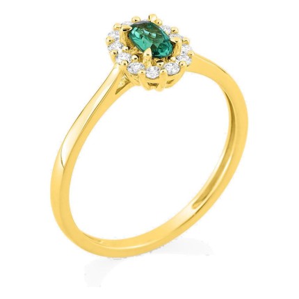 Anillo de oro amarillo 9K con esmeralda creada y diamantes creados 0,16 ct